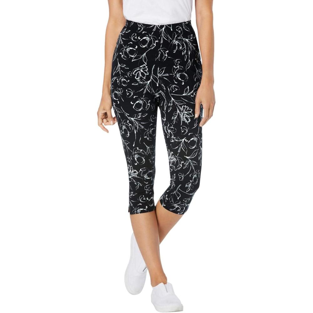 imageWoman Within Plus Size StretchCotton Knit PullOn Printed Capri LeggingsBlack Batik Floral