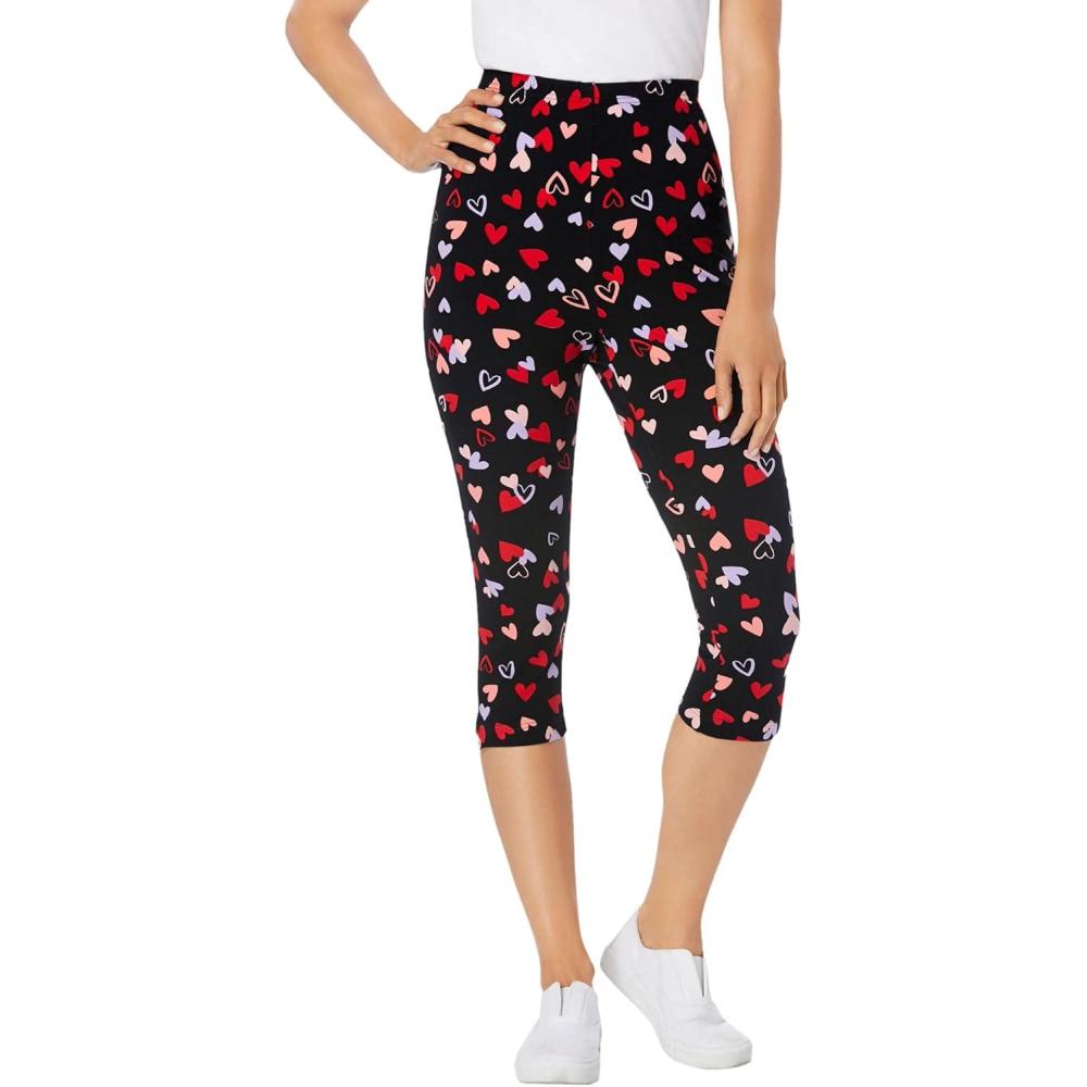 imageWoman Within Plus Size StretchCotton Knit PullOn Printed Capri LeggingsBlack Tossed Hearts
