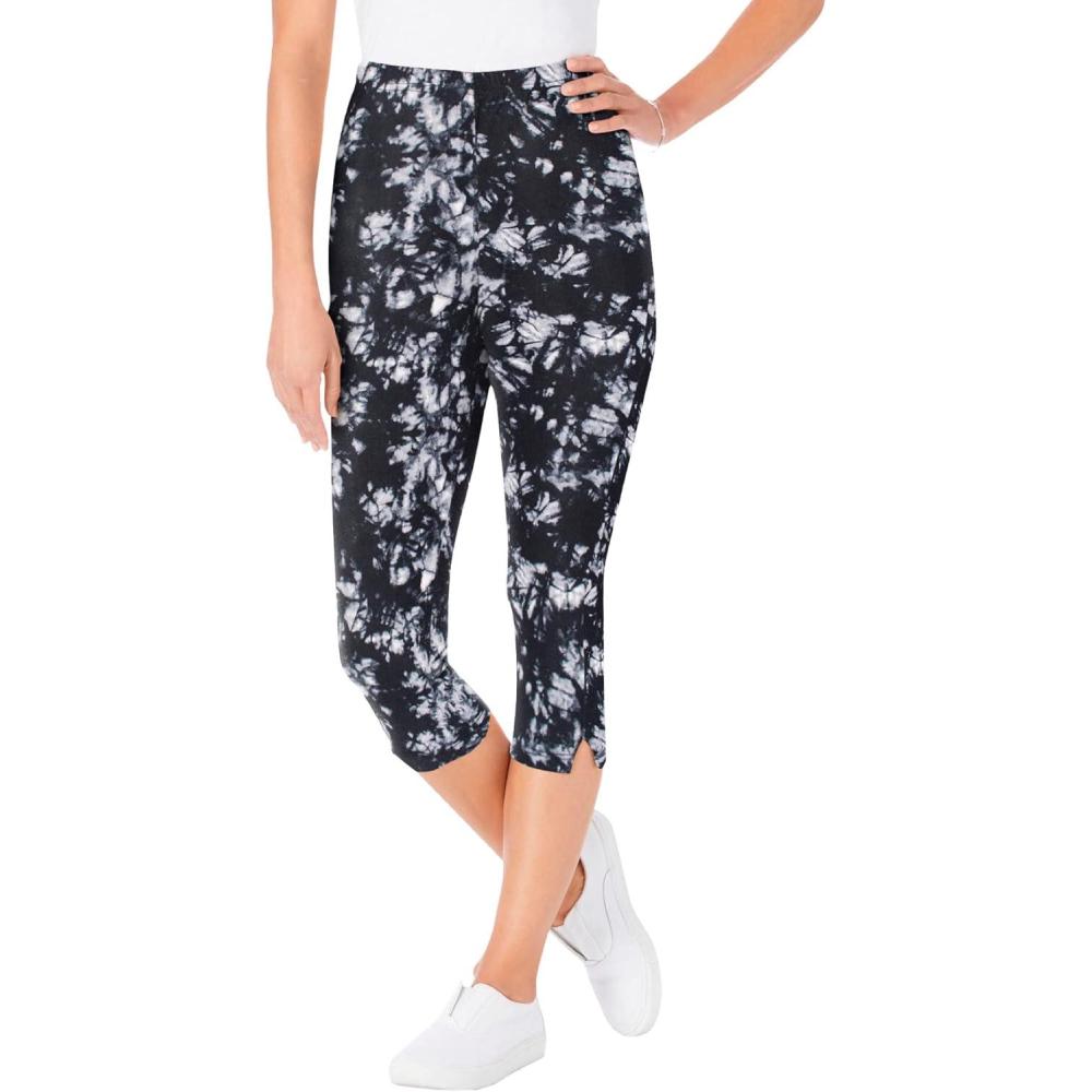 imageWoman Within Plus Size StretchCotton Knit PullOn Printed Capri LeggingsBlack White Tie Dye