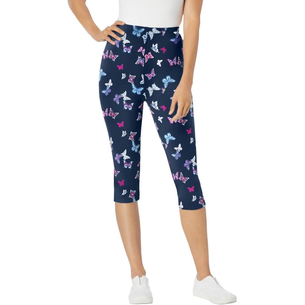 imageWoman Within Plus Size StretchCotton Knit PullOn Printed Capri LeggingsNavy Butterflies