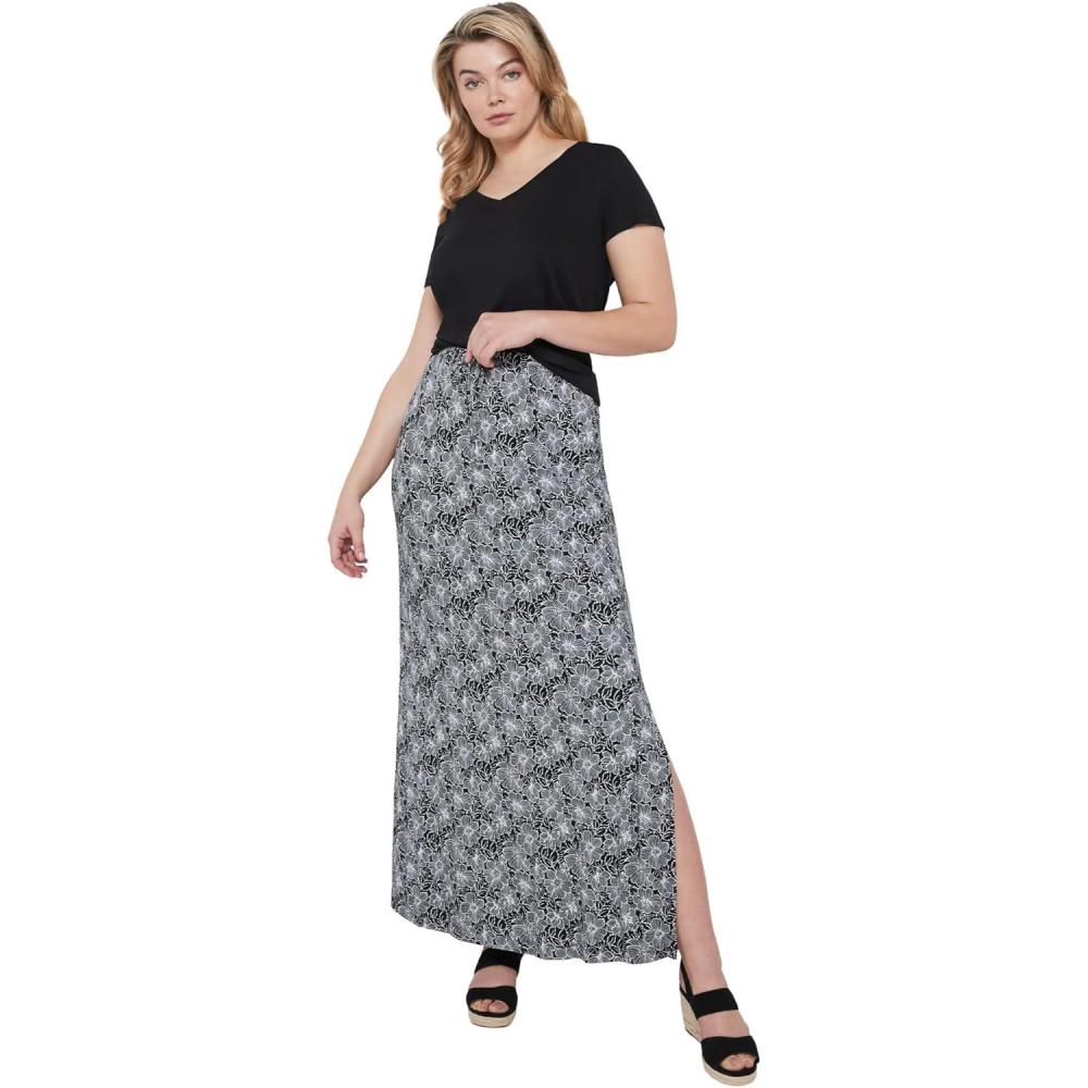 imageellos Plus Size Knit Maxi SkirtBlack White Floral
