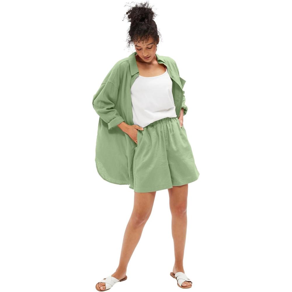imageellos Plus Size LinenBlend Elastic Waist ShortsSage Mist