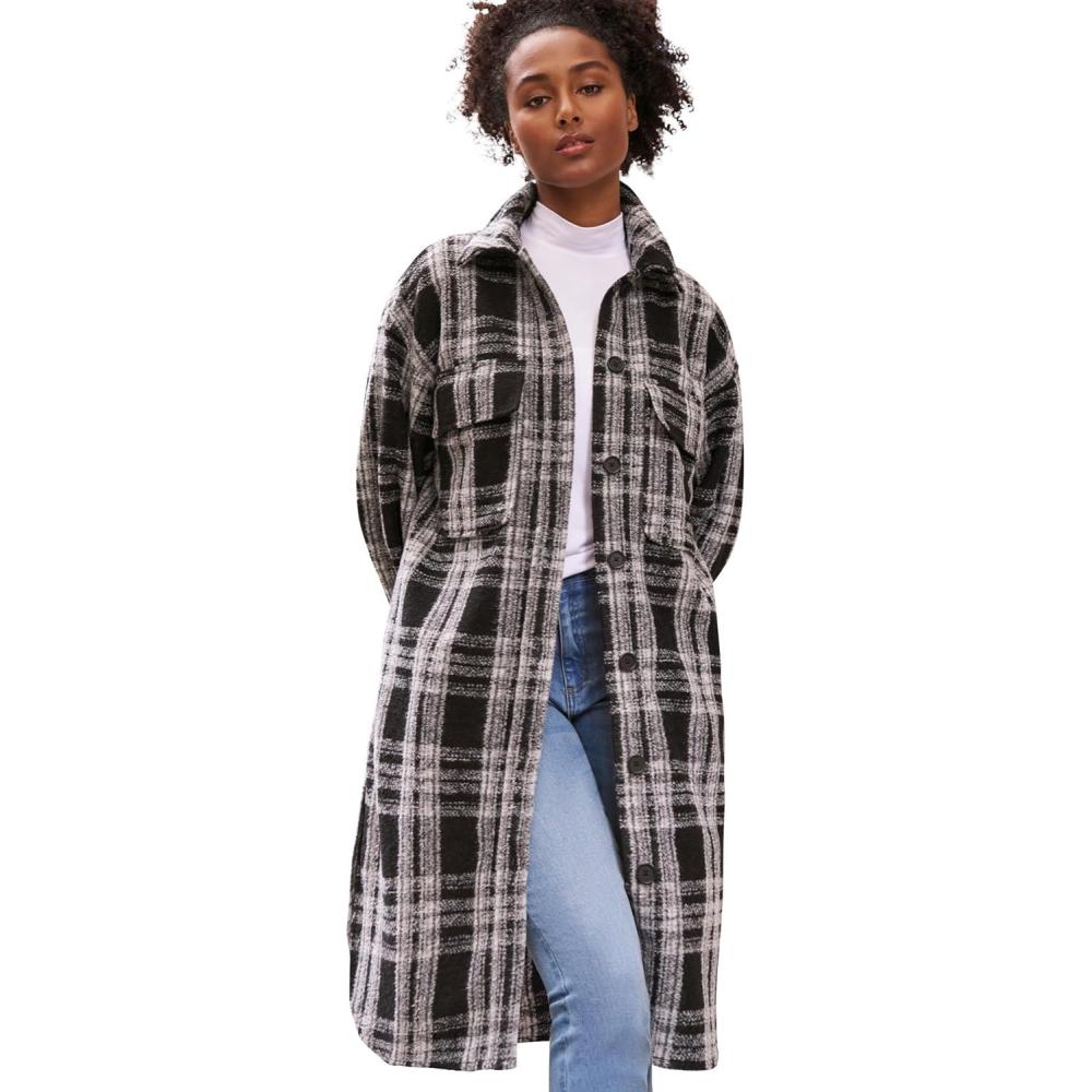 imageellos Womens Plus Size Wool Blend Long Shirt Jacket Oversized ShacketBlack Ivory Plaid