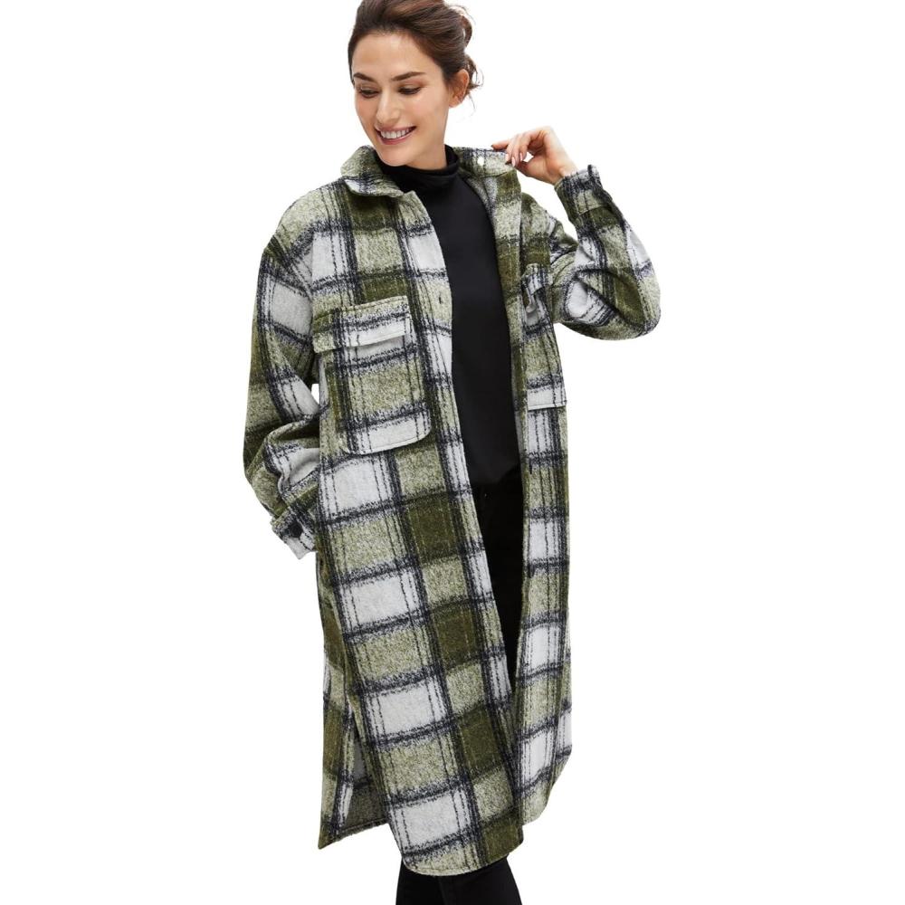 imageellos Womens Plus Size Wool Blend Long Shirt Jacket Oversized ShacketDeep Olive Plaid