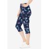 Woman Within Plus Size Stretch-Cotton Knit Pull-On Printed Capri Leggings(Navy Multi Florals)