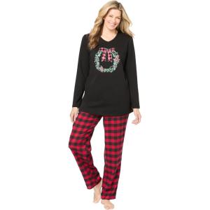 Dreams & Co. Plus Size Cozy Pajama Set(Classic Red Buffalo Plaid Wreath)