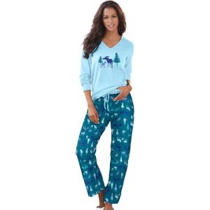 Dreams & Co. Plus Size Cozy Pajama Set(Deep Teal Moose)