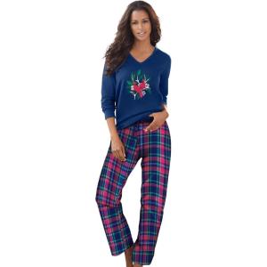 Dreams & Co. Plus Size Cozy Pajama Set(Evening Blue Plaid)
