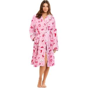 Dreams & Co. Plus Size Plush Hooded Wrap Robe(Pink Love)