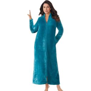 Dreams & Co. Plus Size Plush Zip-Front Robe(Deep Teal)