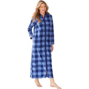 Dreams & Co. Plus Size Plush Zip-Front Robe(French Blue Buffalo Plaid)