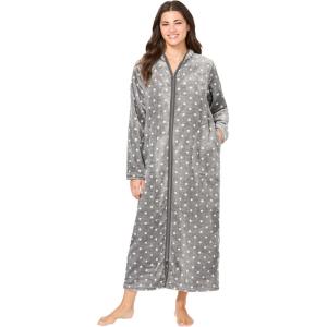 Dreams & Co. Plus Size Plush Zip-Front Robe(Medium Heather Grey Dot)