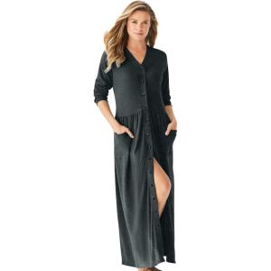 Only Necessities Plus Size Long Snap-Front Knit Lounger(Classic Heather Charcoal)