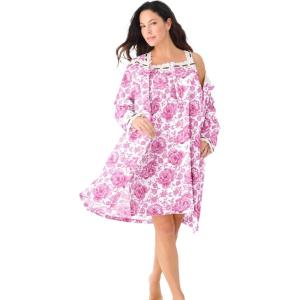 Only Necessities Plus Size Short 2-Piece Cabbage-Rose Peignoir Set(Pink Floral)