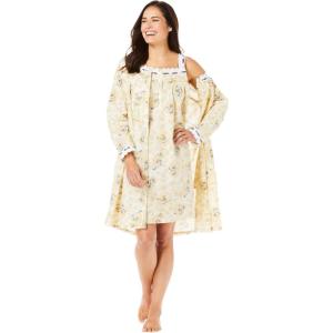 Only Necessities Plus Size Short 2-Piece Cabbage-Rose Peignoir Set(Yellow Floral)