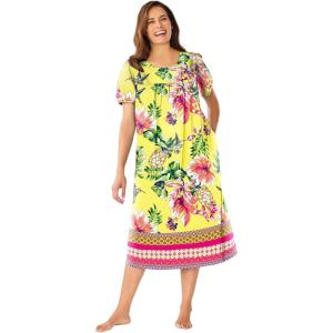 Only Necessities Plus Size Short Print Shirred Lounger(Bright Yellow Hummingbird)