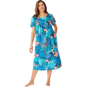 Only Necessities Plus Size Short Print Shirred Lounger(Paradise Blue Tropical Geo)