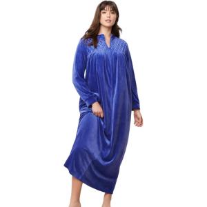 Only Necessities Plus Size Smocked Velour Long Robe(Ultra Blue)