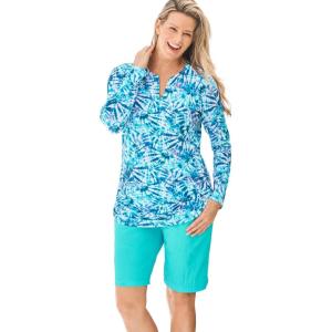 Swim 365 Women’s Plus Size Split-Neck Long Sleeve Swim Tee with Built-in Bra(Blue Tie Dye Swirl)