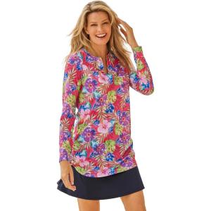 Swim 365 Women’s Plus Size Split-Neck Long Sleeve Swim Tee with Built-in Bra(Neon Hibiscus)