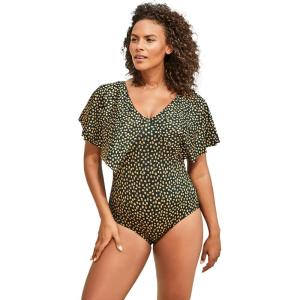Swimsuits For All Swim 365 Women’s Plus Size Flutter-Sleeve One-Piece(Gold Foil Dots)