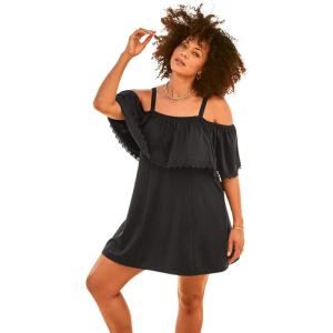 Swimsuits For All Swim 365 Women’s Plus Size Laser-Cut Off-The-Shoulder Swim Dress(Black)
