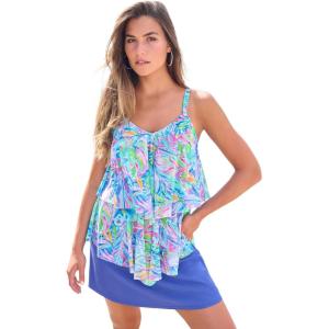 Swimsuits For All Swim 365 Women’s Plus Size Mesh Double-Tier Tankini Top(Rainbow Tie Dye Palm)
