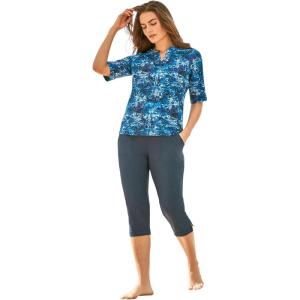Swimsuits For All Swim 365 Women’s Plus Size Three-Quarter Sleeve Swim Tee(Blue Medallion)