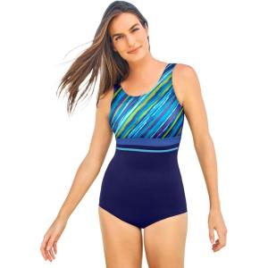 Swimsuits For All Women’s Empire Waist One Piece Swimsuit (Plus(Blue Green Stripe)