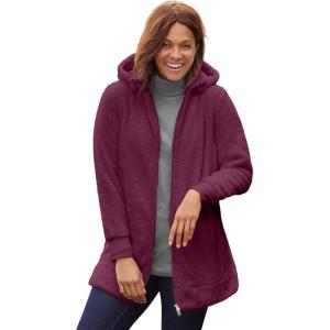 Woman Within Plus Size Fleece Hooded Jacket Long Oversized Zip-Up Fuzzy Hoodie(Deep Claret)