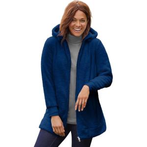 Woman Within Plus Size Fleece Hooded Jacket Long Oversized Zip-Up Fuzzy Hoodie(Evening Blue)