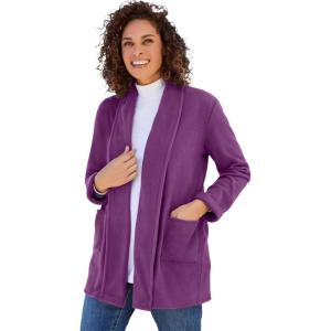 Woman Within Plus Size Microfleece Cardigan Shawl Collar Oversized Long Open Jacket(Plum Purple)