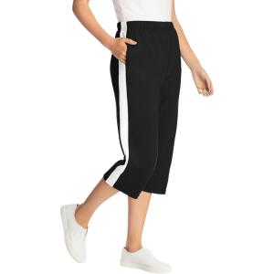 Woman Within Plus Size Petite Side-Stripe Cotton French Terry Capri(Black White)