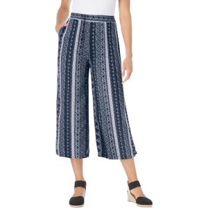 Woman Within Plus Size Pull-On Elastic-Waist Soft Capri(Navy Batik Stripe)