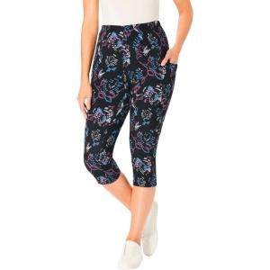 Woman Within Plus Size Stretch-Cotton Knit Pull-On Pocket Capri Leggings(Black Abstract Floral)