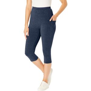 Woman Within Plus Size Stretch-Cotton Knit Pull-On Pocket Capri Leggings(Heather Navy)