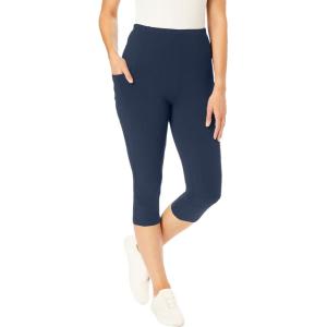 Woman Within Plus Size Stretch-Cotton Knit Pull-On Pocket Capri Leggings(Navy)