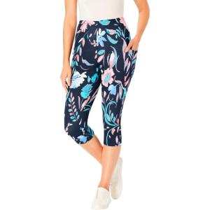 Woman Within Plus Size Stretch-Cotton Knit Pull-On Pocket Capri Leggings(Navy Coral Multi Floral)