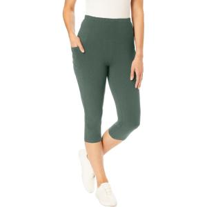 Woman Within Plus Size Stretch-Cotton Knit Pull-On Pocket Capri Leggings(Pine)