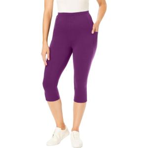 Woman Within Plus Size Stretch-Cotton Knit Pull-On Pocket Capri Leggings(Plum Purple)