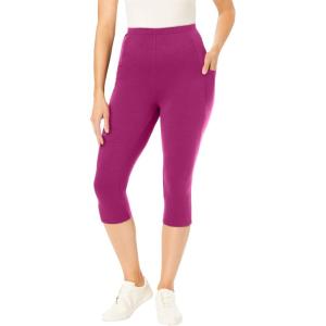 Woman Within Plus Size Stretch-Cotton Knit Pull-On Pocket Capri Leggings(Raspberry)
