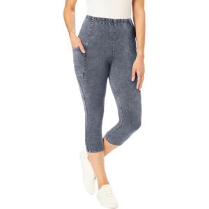 Woman Within Plus Size Stretch-Cotton Knit Pull-On Pocket Capri Leggings(Stone Wash)