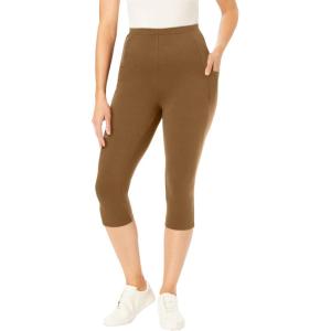 Woman Within Plus Size Stretch-Cotton Knit Pull-On Pocket Capri Leggings(Toffee)