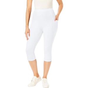 Woman Within Plus Size Stretch-Cotton Knit Pull-On Pocket Capri Leggings(White)