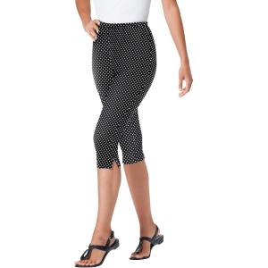 Woman Within Plus Size Stretch-Cotton Knit Pull-On Printed Capri Leggings(Black Dot)