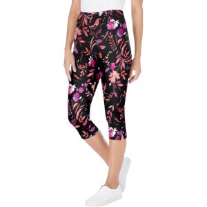 Woman Within Plus Size Stretch-Cotton Knit Pull-On Printed Capri Leggings(Black Multi Florals)