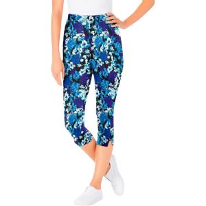 Woman Within Plus Size Stretch-Cotton Knit Pull-On Printed Capri Leggings(Black Watercolor Flowers)