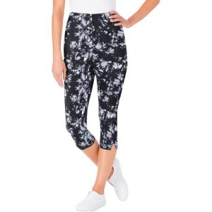Woman Within Plus Size Stretch-Cotton Knit Pull-On Printed Capri Leggings(Black White Tie Dye)