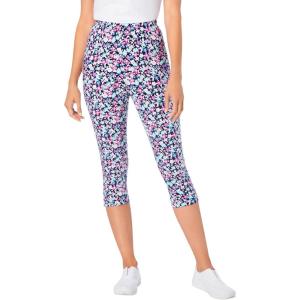 Woman Within Plus Size Stretch-Cotton Knit Pull-On Printed Capri Leggings(Navy Happy Ditsy)