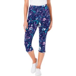Woman Within Plus Size Stretch-Cotton Knit Pull-On Printed Capri Leggings(Navy Multi Florals)